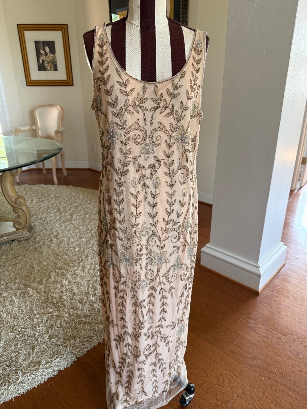 Pisarro Nights Beaded Mesh Column Gown Nude Size 12 Formal Wedding Cocktail